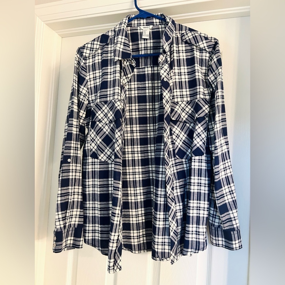 Forever 21 Navy & White Plaid Button Down Shirt Women’s | 100% Cotton EUC